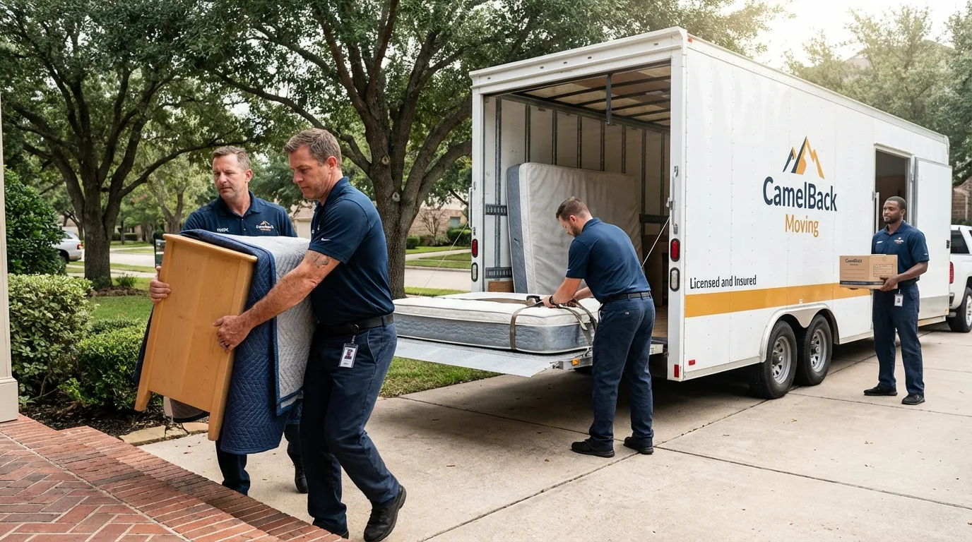 Crew loading residential truck for cross-state move from Russellville, AR