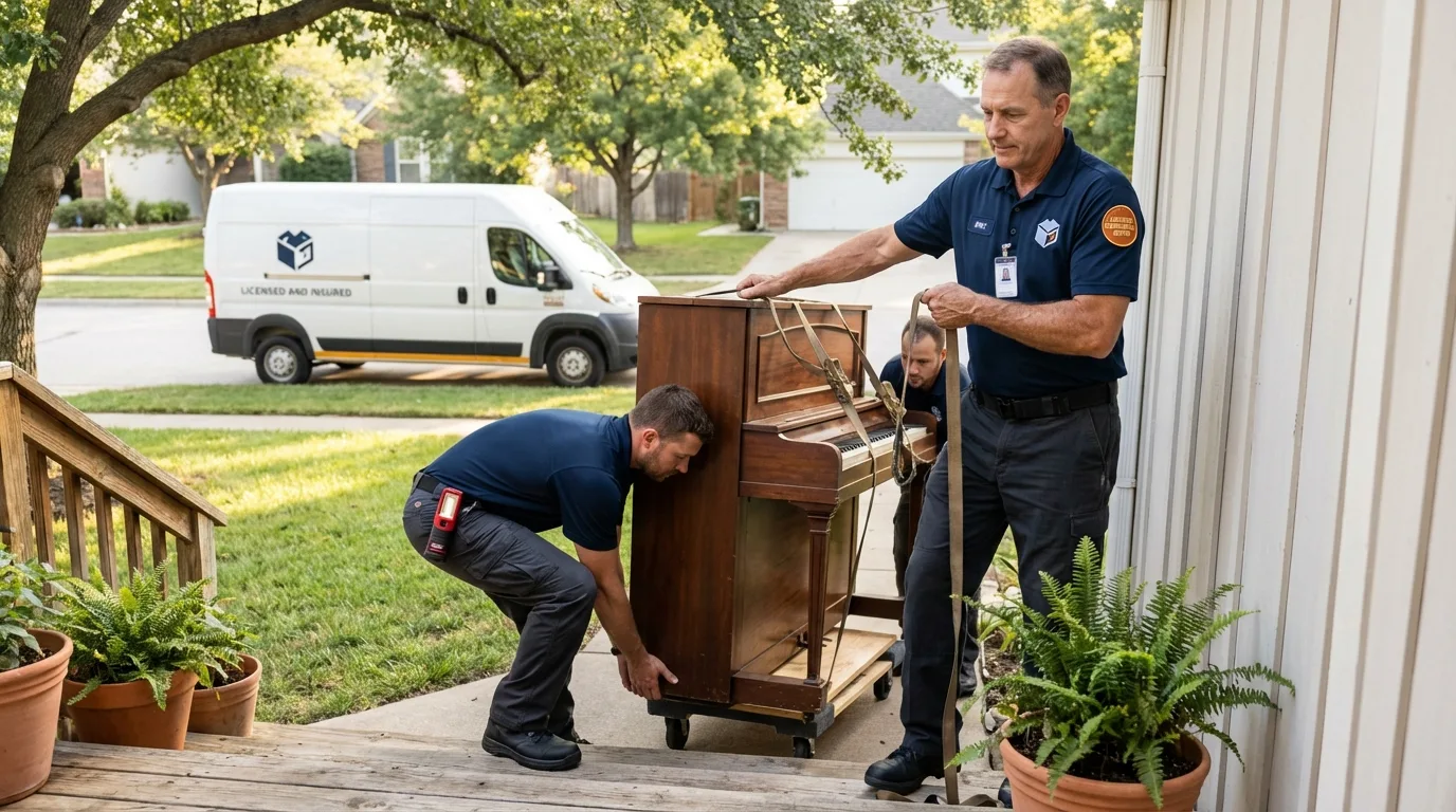 Licensed piano movers securing grand piano in Russellville, AR