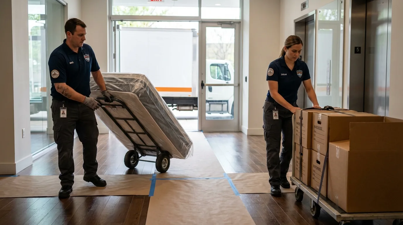Professional apartment movers loading elevator in Russellville, AR