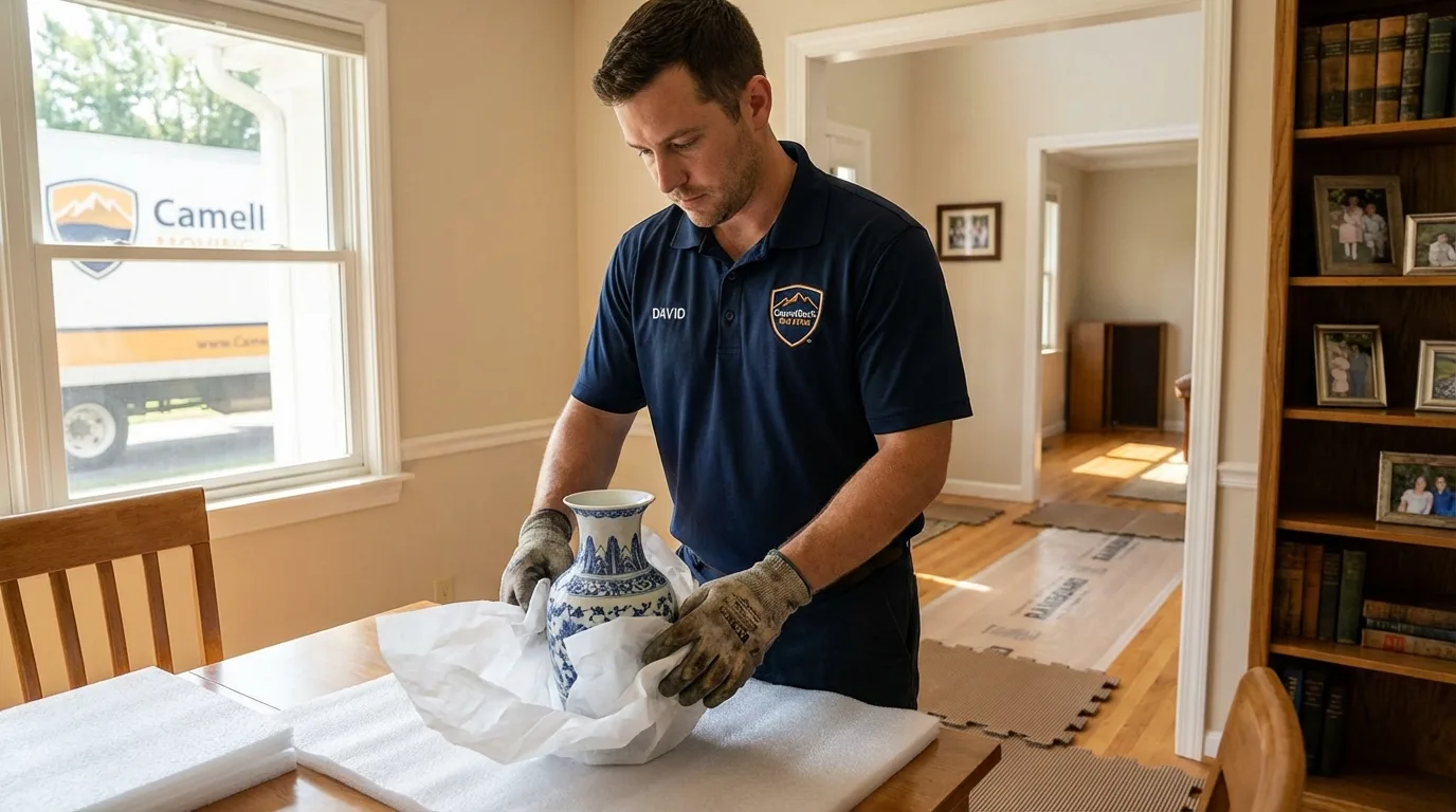 Professional crew carefully wrapping antique vase for senior downsizing move in Russellville, AR